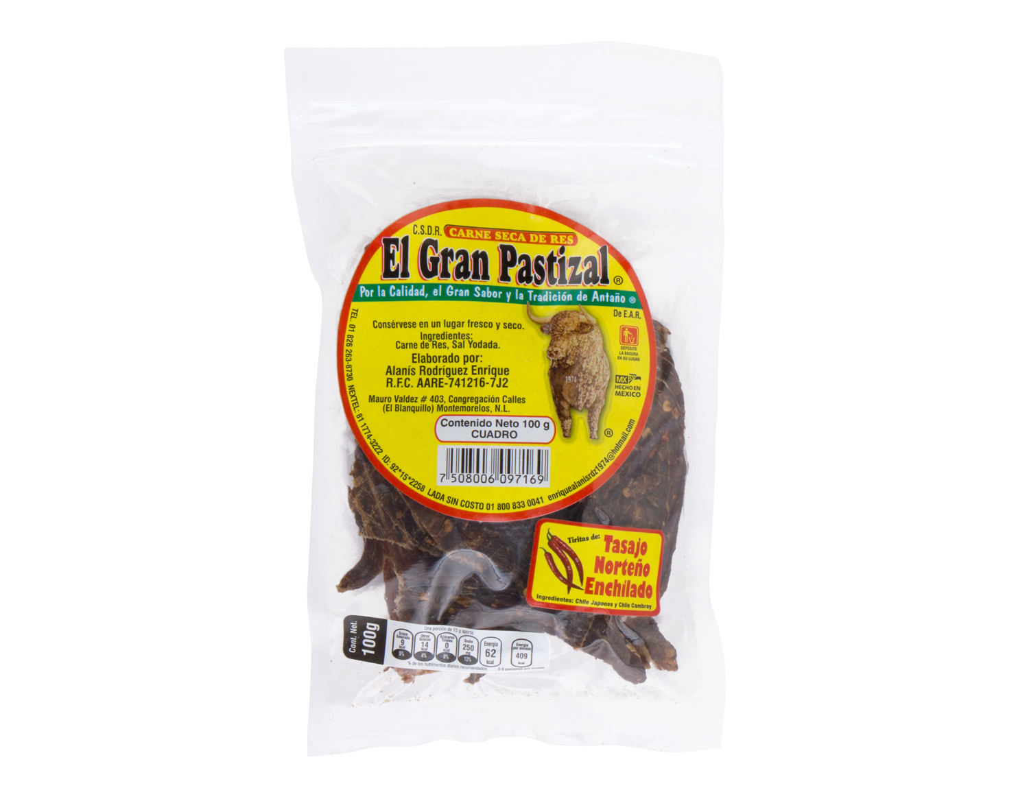Carne seca entera Natural  EL PASTIZAL 100gr