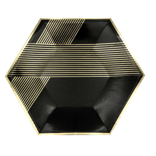 Plato Hexagonal 23 cms Negro- Oro  c/8